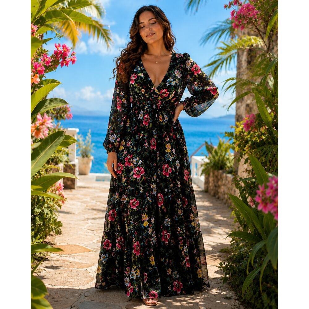 Eliza J Floral Maxi Dress 16 NWT Boho Puff Sleeve Open Back